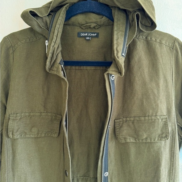 DEAR JOHN Army Green Linen Blend Utility Jacket Removable Hood Size Small - Picture 3 of 6